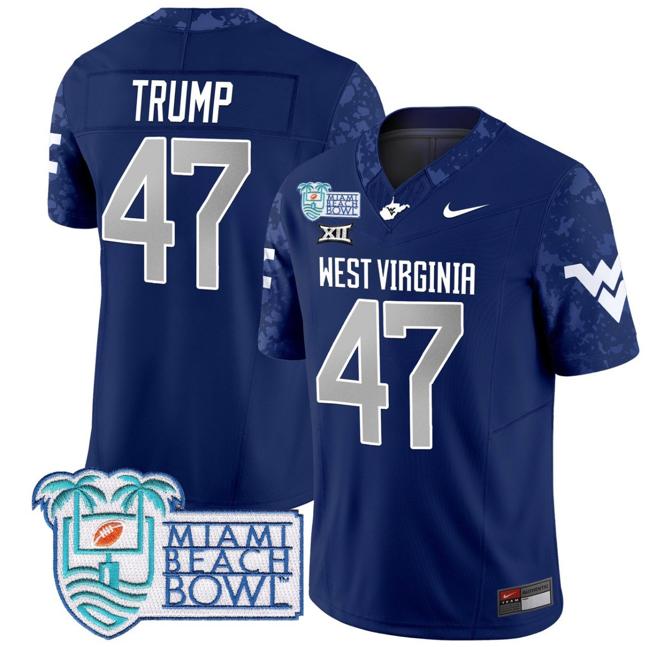 Men's Nike Donald Trump Jersey #47 West Virginia Mountaineers 2025 Miami Beach Bowl Patch F.U.S.E. Vapor Limited Stitched College Football Navy