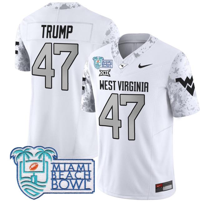 Men's Nike Donald Trump Jersey #47 West Virginia Mountaineers 2025 Miami Beach Bowl Patch F.U.S.E. Vapor Limited Stitched College Football White