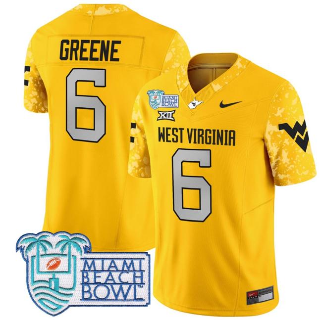 Men's Nike Garrett Greene Jersey #6 West Virginia Mountaineers 2025 Miami Beach Bowl Patch F.U.S.E. Vapor Limited Stitched College Football Gold