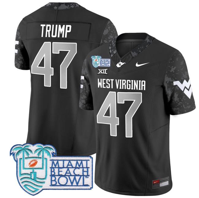 Men's Nike Donald Trump Jersey #47 West Virginia Mountaineers 2025 Miami Beach Bowl Patch F.U.S.E. Vapor Limited Stitched College Football Coal