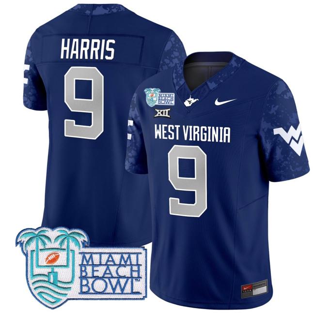 Men's Nike Major Harris Jersey #9 West Virginia Mountaineers 2025 Miami Beach Bowl Patch F.U.S.E. Vapor Limited Stitched College Football Navy