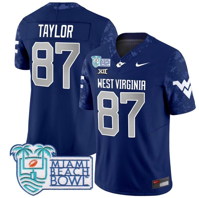 Men's Nike Kole Taylor Jersey #87 West Virginia Mountaineers 2025 Miami Beach Bowl Patch F.U.S.E. Vapor Limited Stitched College Football Navy