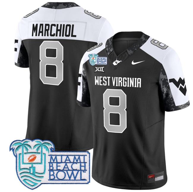 Men's Nike Nicco Marchiol Jersey #8 West Virginia Mountaineers 2025 Miami Beach Bowl Patch F.U.S.E. Vapor Limited Stitched College Football Alternate