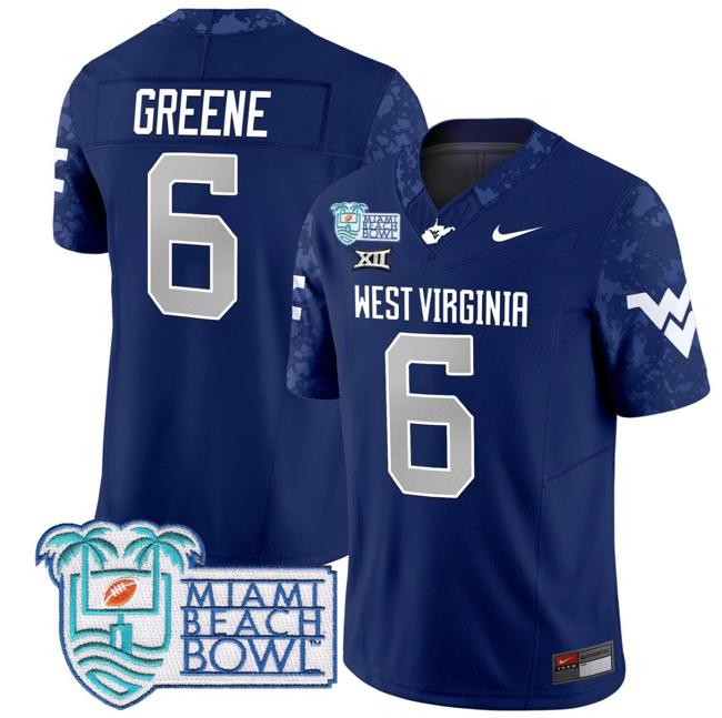 Men's Nike Garrett Greene Jersey #6 West Virginia Mountaineers 2025 Miami Beach Bowl Patch F.U.S.E. Vapor Limited Stitched College Football Navy