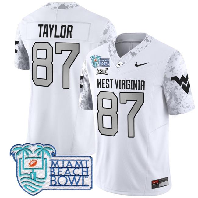 Men's Nike Kole Taylor Jersey #87 West Virginia Mountaineers 2025 Miami Beach Bowl Patch F.U.S.E. Vapor Limited Stitched College Football White