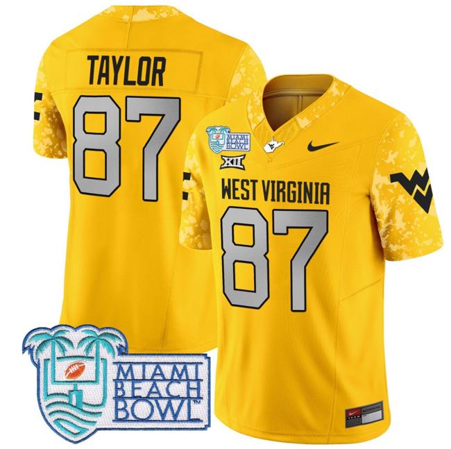 Men's Nike Kole Taylor Jersey #87 West Virginia Mountaineers 2025 Miami Beach Bowl Patch F.U.S.E. Vapor Limited Stitched College Football Gold