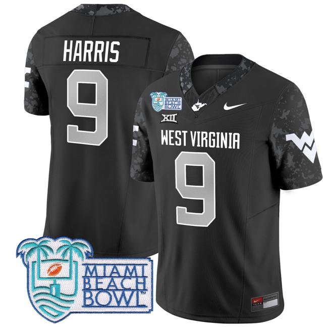 Men's Nike Major Harris Jersey #9 West Virginia Mountaineers 2025 Miami Beach Bowl Patch F.U.S.E. Vapor Limited Stitched College Football Coal