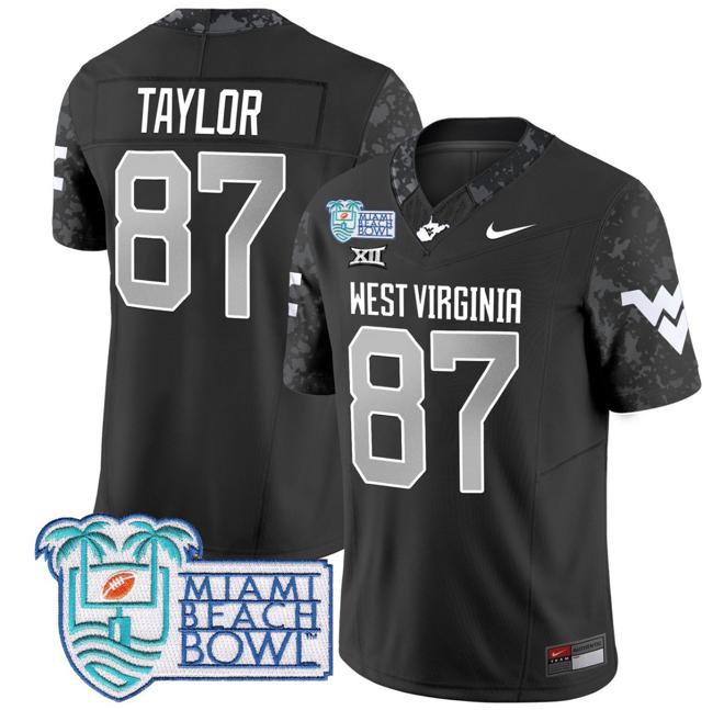 Men's Nike Kole Taylor Jersey #87 West Virginia Mountaineers 2025 Miami Beach Bowl Patch F.U.S.E. Vapor Limited Stitched College Football Coal