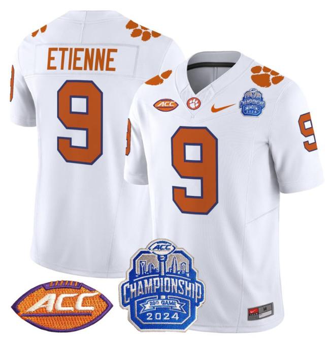 Men's Nike Travis Etienne Jersey #9 Clemson Tigers 2024 ACC Championship Patch F.U.S.E. Vapor Limited Stitched College Football White