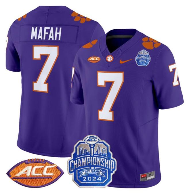 Men's Nike Phil Mafah Jersey #7 Clemson Tigers 2024 ACC Championship Patch F.U.S.E. Vapor Limited Stitched College Football Purple