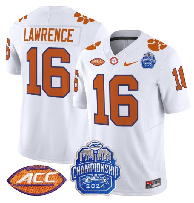 Men's Nike Trevor Lawrence Jersey #16 Clemson Tigers 2024 ACC Championship Patch F.U.S.E. Vapor Limited Stitched College Football White