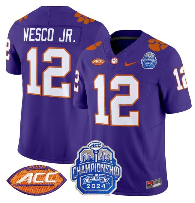 Men's Nike Bryant Wesco Jr Jersey #12 Clemson Tigers 2024 ACC Championship Patch F.U.S.E. Vapor Limited Stitched College Football Purple