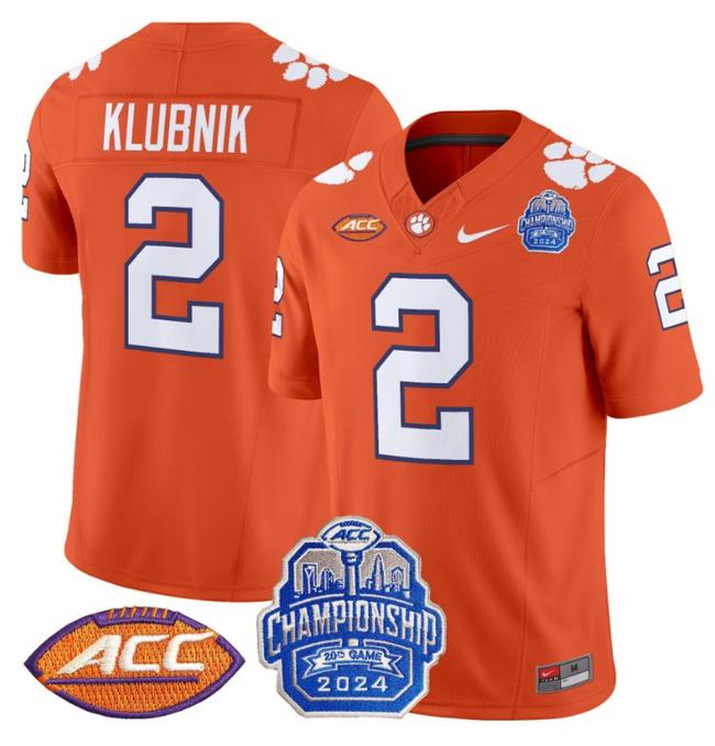 Men's Nike Cade Klubnik Jersey #2 Clemson Tigers 2024 ACC Championship Patch F.U.S.E. Vapor Limited Stitched College Football Orange