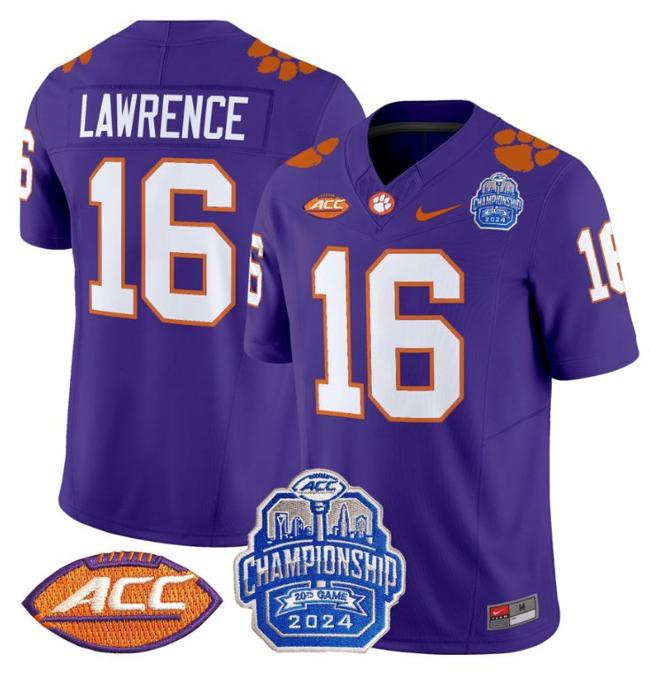 Men's Nike Trevor Lawrence Jersey #16 Clemson Tigers 2024 ACC Championship Patch F.U.S.E. Vapor Limited Stitched College Football Purple