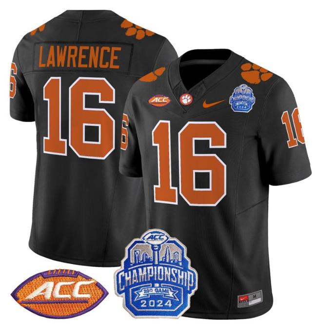 Men's Nike Trevor Lawrence Jersey #16 Clemson Tigers 2024 ACC Championship Patch F.U.S.E. Vapor Limited Stitched College Football Black