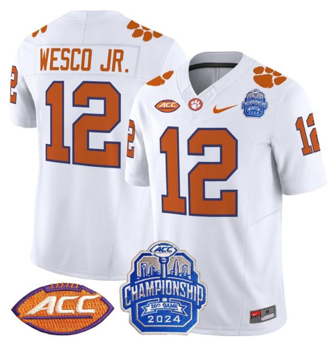 Men's Nike Bryant Wesco Jr Jersey #12 Clemson Tigers 2024 ACC Championship Patch F.U.S.E. Vapor Limited Stitched College Football White