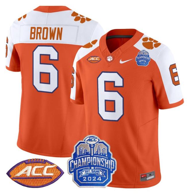 Men's Nike Tyler Brown Jersey #6 Clemson Tigers 2024 ACC Championship Patch F.U.S.E. Vapor Limited Stitched College Football Orange Alternate