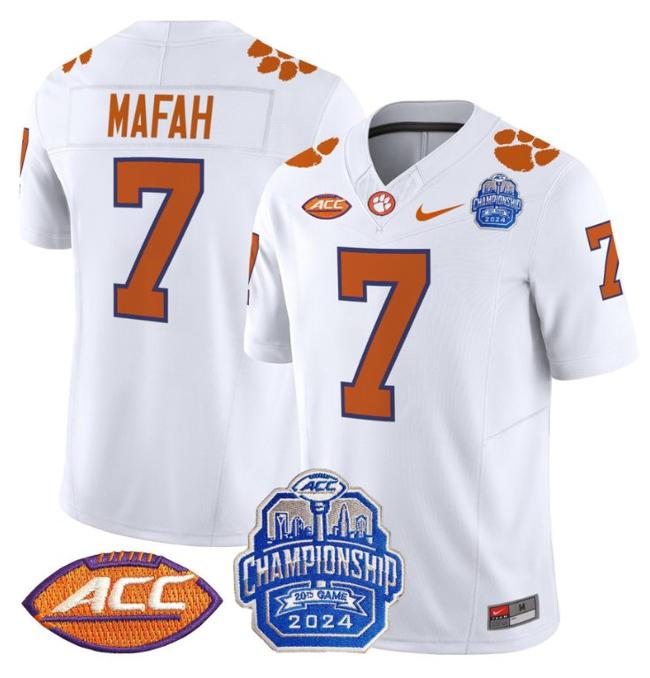 Men's Nike Phil Mafah Jersey #7 Clemson Tigers 2024 ACC Championship Patch F.U.S.E. Vapor Limited Stitched College Football White