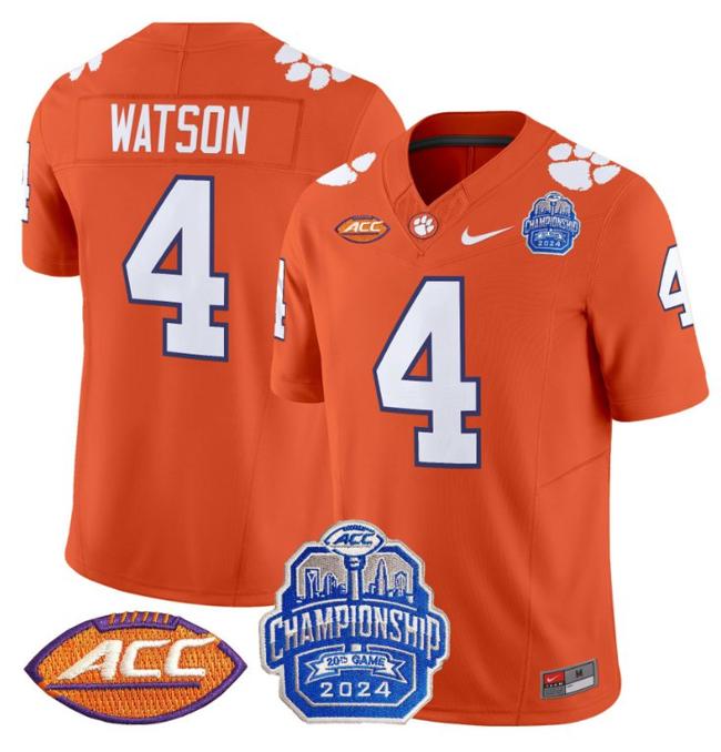 Men's Nike Deshaun Watson Jersey #4 Clemson Tigers 2024 ACC Championship Patch F.U.S.E. Vapor Limited Stitched College Football Orange