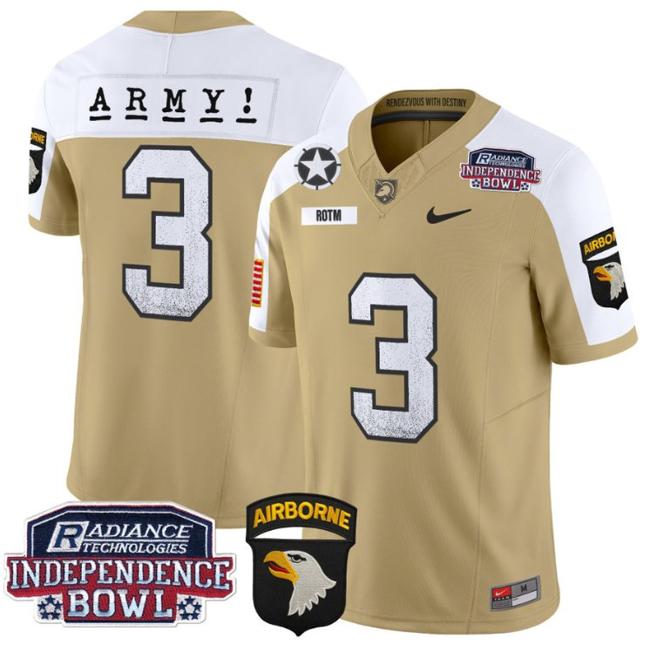 Men's Nike Rotm Jersey #3 Army Black Knights Independence Bowl Patch F.U.S.E. Vapor Limited Stitched College Football Tan Alternate