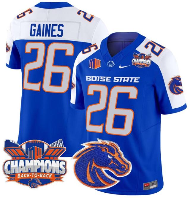 Men's Nike Sire Gaines Jersey #26 Boise State Broncos Back To Back Champions Patch F.U.S.E. Vapor Limited Stitched College Football Royal Alternate