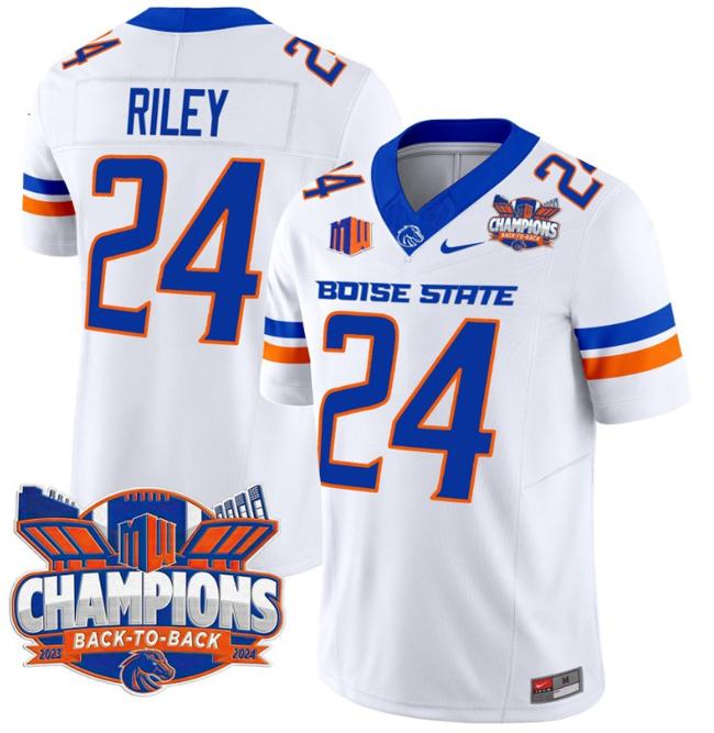 Men's Nike Dylan Riley Jersey #24 Boise State Broncos Back To Back Champions Patch F.U.S.E. Vapor Limited Stitched College Football White