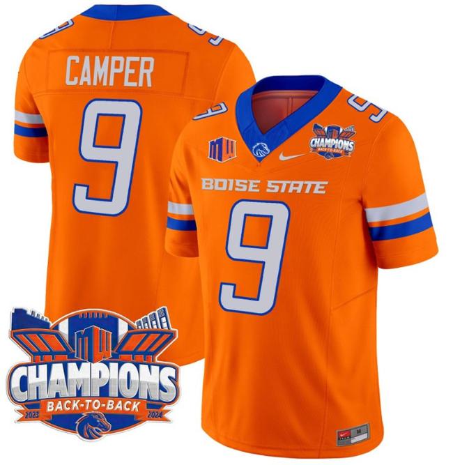 Men's Nike Cameron Camper Jersey #9 Boise State Broncos Back To Back Champions Patch F.U.S.E. Vapor Limited Stitched College Football Orange