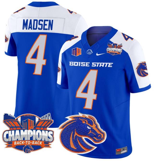 Men's Nike Maddux Madsen Jersey #4 Boise State Broncos Back To Back Champions Patch F.U.S.E. Vapor Limited Stitched College Football Royal Alternate