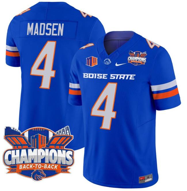 Men's Nike Maddux Madsen Jersey #4 Boise State Broncos Back To Back Champions Patch F.U.S.E. Vapor Limited Stitched College Football Royal