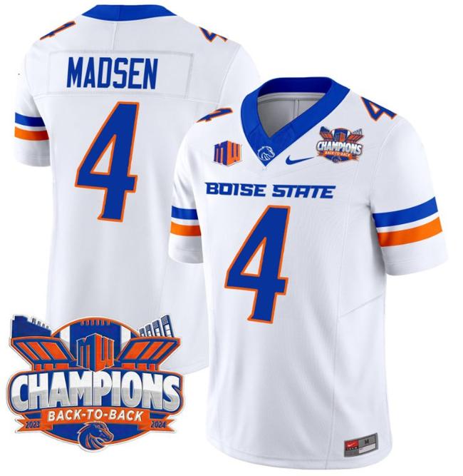 Men's Nike Maddux Madsen Jersey #4 Boise State Broncos Back To Back Champions Patch F.U.S.E. Vapor Limited Stitched College Football White