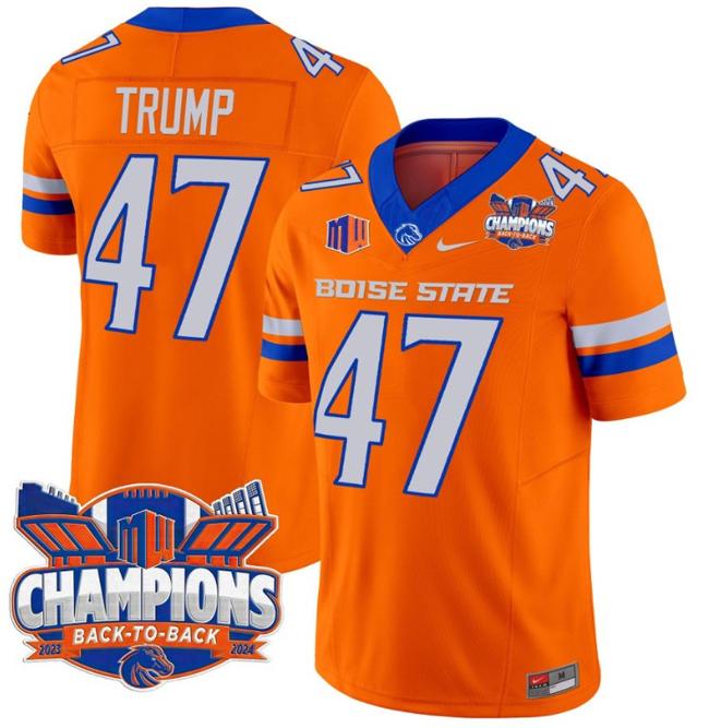 Men's Nike Donald Trump Jersey #47 Boise State Broncos Back To Back Champions Patch F.U.S.E. Vapor Limited Stitched College Football Orange