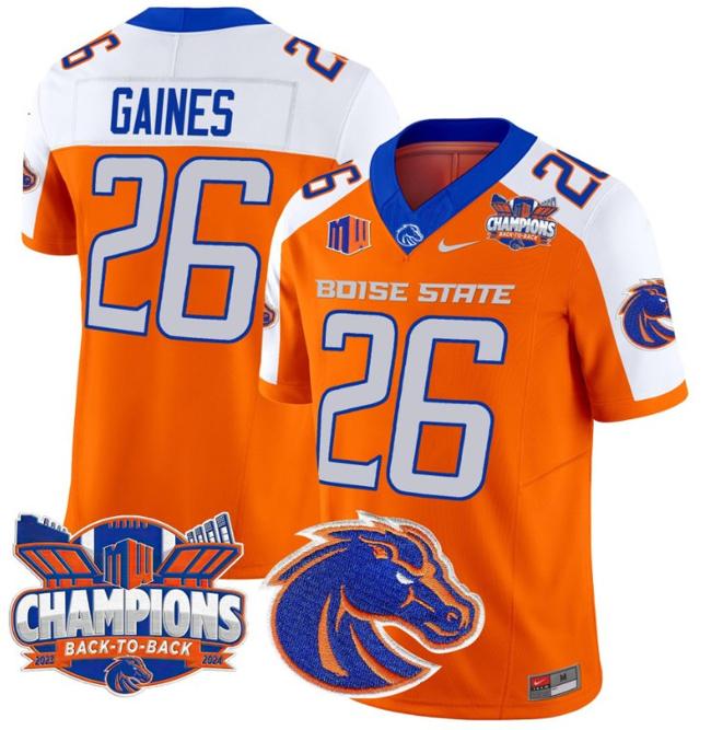 Men's Nike Sire Gaines Jersey #26 Boise State Broncos Back To Back Champions Patch F.U.S.E. Vapor Limited Stitched College Football Orange Alternate