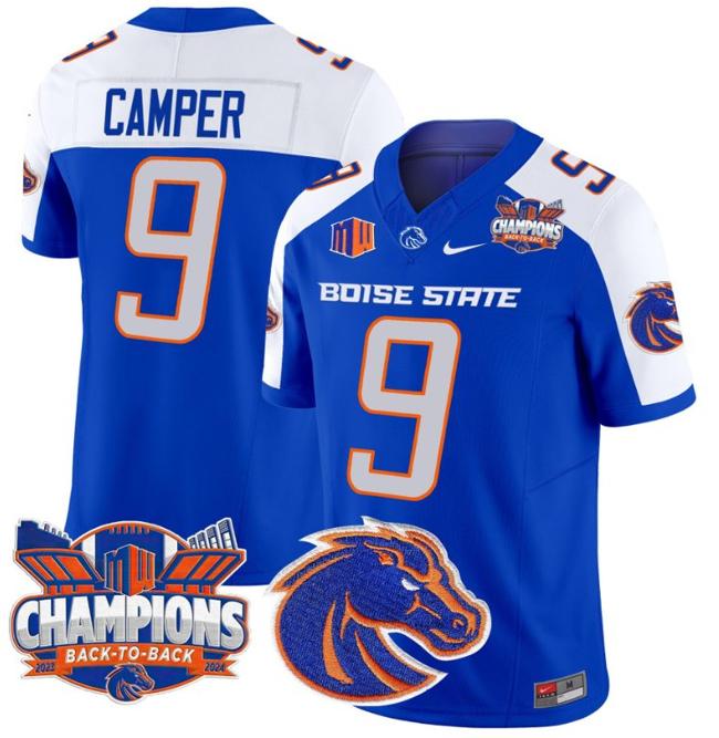 Men's Nike Cameron Camper Jersey #9 Boise State Broncos Back To Back Champions Patch F.U.S.E. Vapor Limited Stitched College Football Royal Alternate