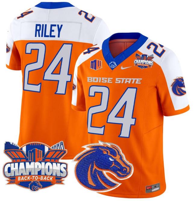 Men's Nike Dylan Riley Jersey #24 Boise State Broncos Back To Back Champions Patch F.U.S.E. Vapor Limited Stitched College Football Orange Alternate