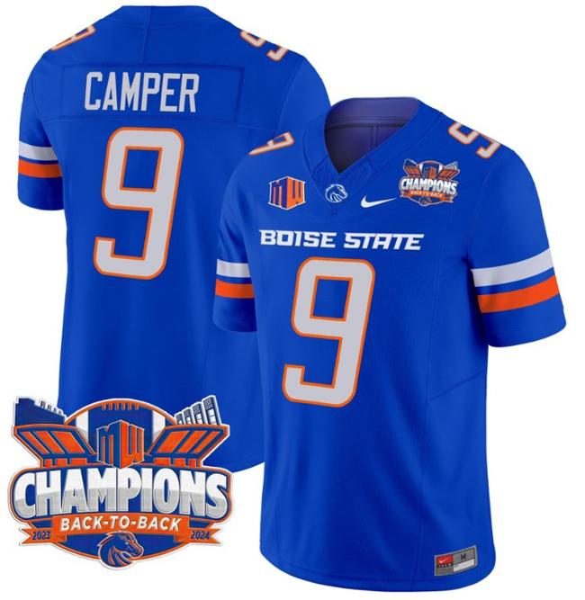 Men's Nike Cameron Camper Jersey #9 Boise State Broncos Back To Back Champions Patch F.U.S.E. Vapor Limited Stitched College Football Royal