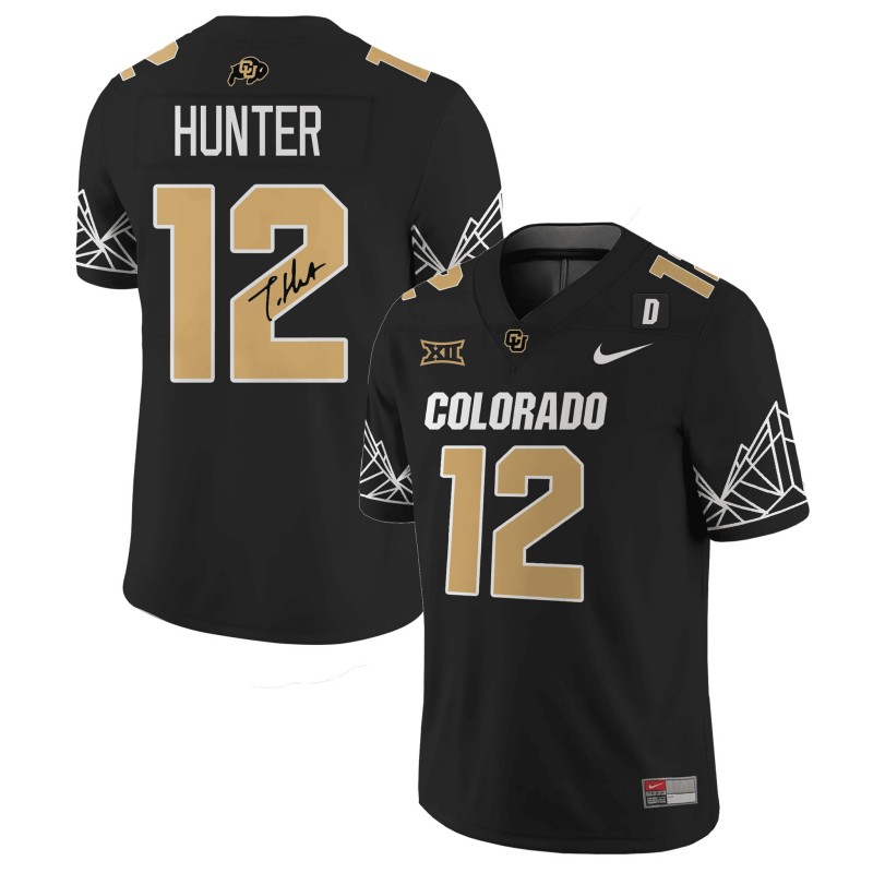 Men's Nike Colorado Buffaloes #12 “Heisman Travis Hunter” With Signature and Big 12 XII Patch Limited Stitched Replica Jersey Black