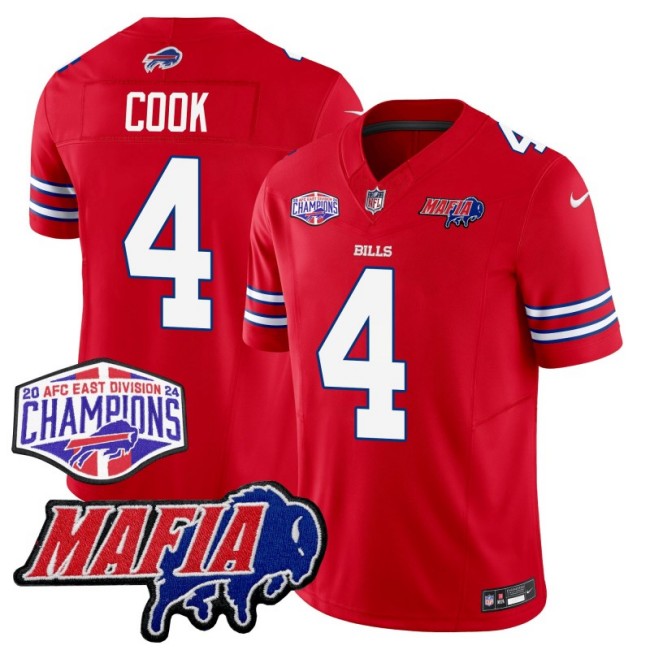 Men's Buffalo Bills #4 James Cook Red With Bills Mafia and 2024-25 AFC East Championship Patch Nike F.U.S.E. Vapor Limited Stitched NFL Jersey