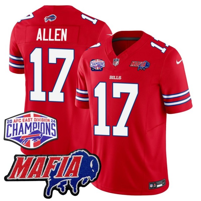 Men's Buffalo Bills #17 Josh Allen Red With Bills Mafia and 2024-25 AFC East Championship Patch Nike F.U.S.E. Vapor Limited Stitched NFL Jersey