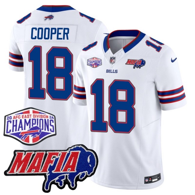 Men's Buffalo Bills #18 Amari Cooper White With Bills Mafia and 2024-25 AFC East Championship Patch Nike F.U.S.E. Vapor Limited Stitched NFL Jersey