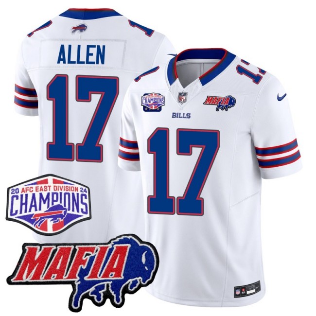 Men's Buffalo Bills #17 Josh Allen White With Bills Mafia and 2024-25 AFC East Championship Patch Nike F.U.S.E. Vapor Limited Stitched NFL Jersey