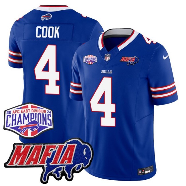 Men's Buffalo Bills #4 James Cook Royal With Bills Mafia and 2024-25 AFC East Championship Patch Nike F.U.S.E. Vapor Limited Stitched NFL Jersey