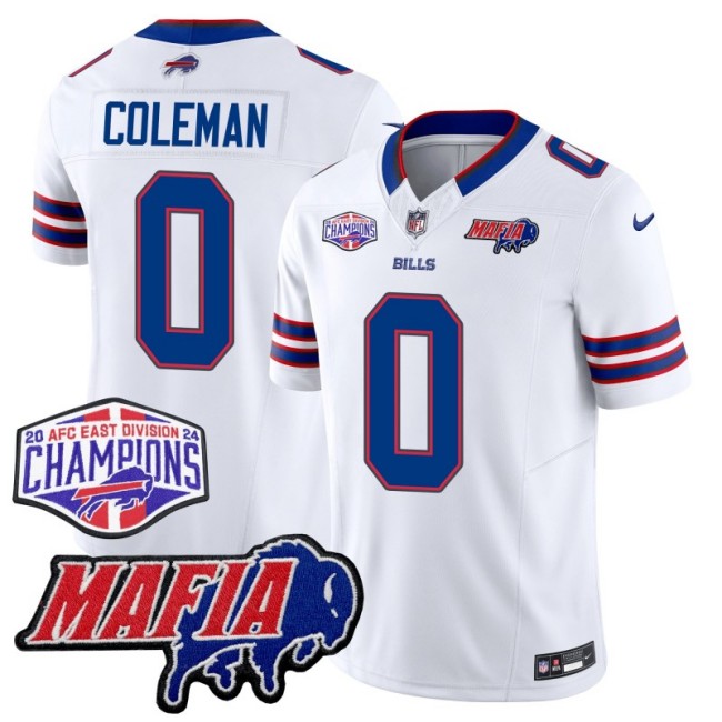 Men's Buffalo Bills #0 Keon Coleman White With Bills Mafia and 2024-25 AFC East Championship Patch Nike F.U.S.E. Vapor Limited Stitched NFL Jersey