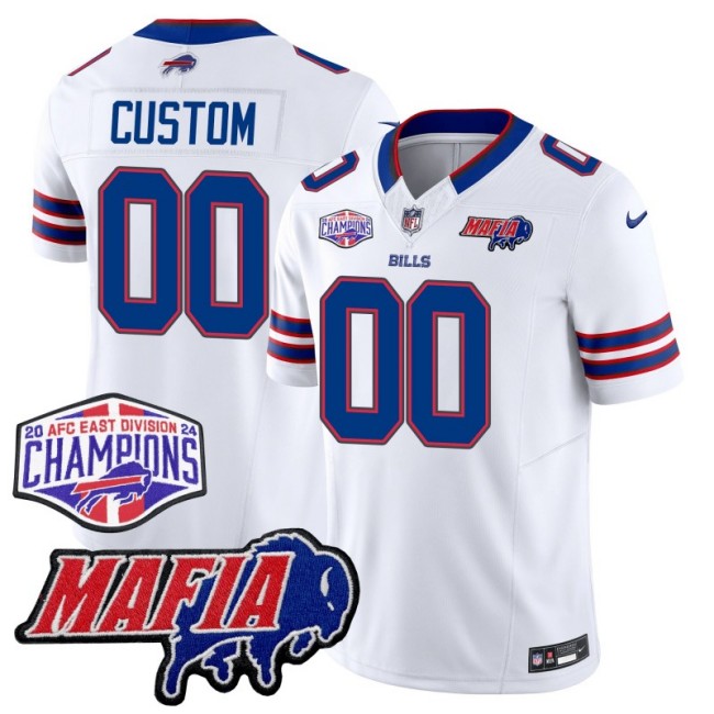 Men's Nike Customized Buffalo Bills White With Bills Mafia and 2024-25 AFC East Championship Patch F.U.S.E. Vapor Limited Stitched NFL Jersey