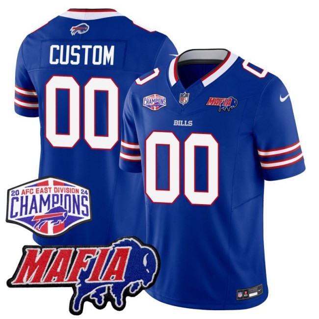 Men's Nike Customized Buffalo Bills Royal With Bills Mafia and 2024-25 AFC East Championship Patch F.U.S.E. Vapor Limited Stitched NFL Jersey