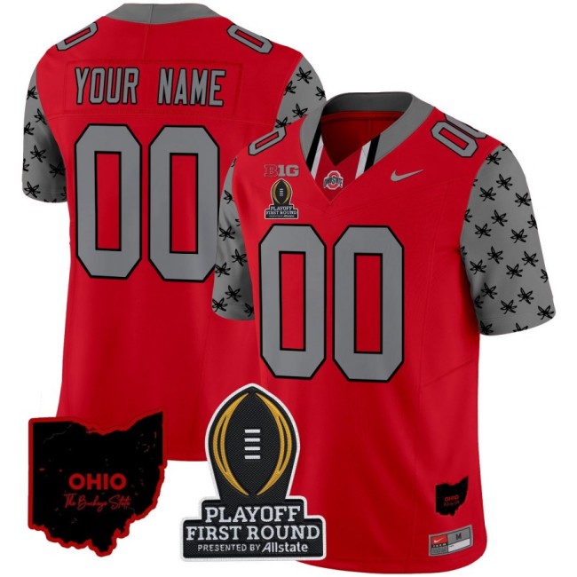 Customized Nike Ohio State Buckeyes 2024 Playoff First Round and State Map Patch F.U.S.E. Vapor Limited College Football Stitched Jersey Red