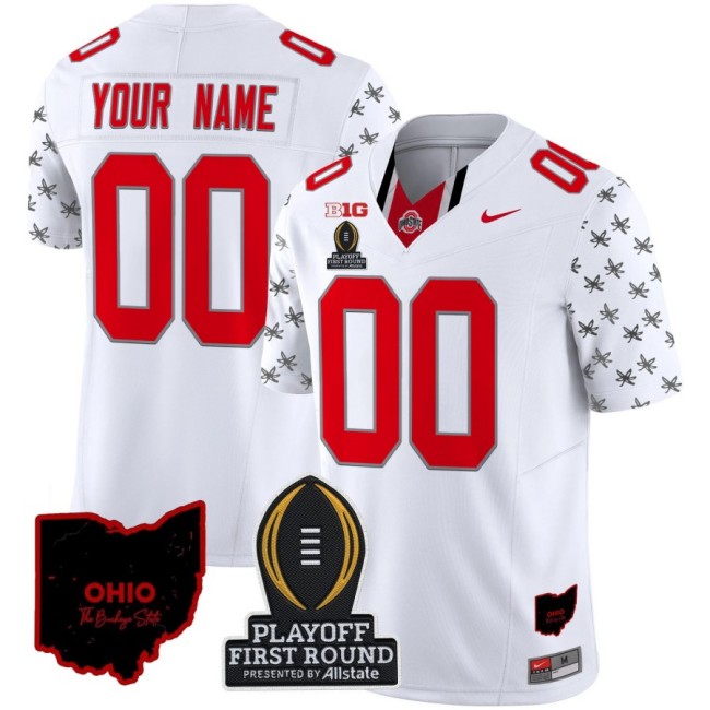 Customized Nike Ohio State Buckeyes 2024 Playoff First Round and State Map Patch F.U.S.E. Vapor Limited College Football Stitched Jersey White