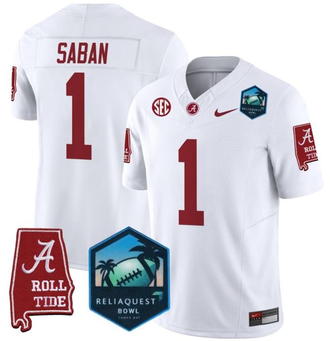 Men's Nike Nick Saban Jersey #1 Alabama Crimson Tide 2025 ReliaQuest Bowl Patch F.U.S.E. Vapor Limited Stitched College Football White