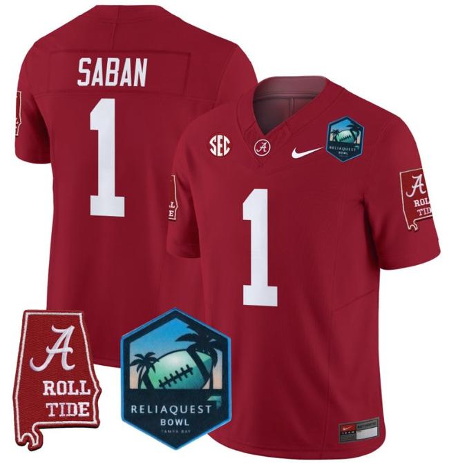 Men's Nike Nick Saban Jersey #1 Alabama Crimson Tide 2025 ReliaQuest Bowl Patch F.U.S.E. Vapor Limited Stitched College Football Crimson