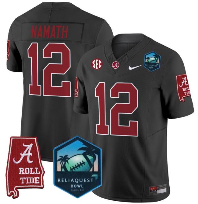 Men's Nike Joe Namath Jersey #12 Alabama Crimson Tide 2025 ReliaQuest Bowl Patch F.U.S.E. Vapor Limited Stitched College Football Black