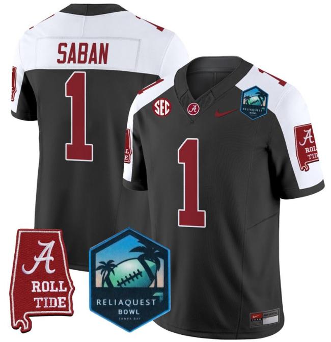 Men's Nike Nick Saban Jersey #1 Alabama Crimson Tide 2025 ReliaQuest Bowl Patch F.U.S.E. Vapor Limited Stitched College Football Black Alternate